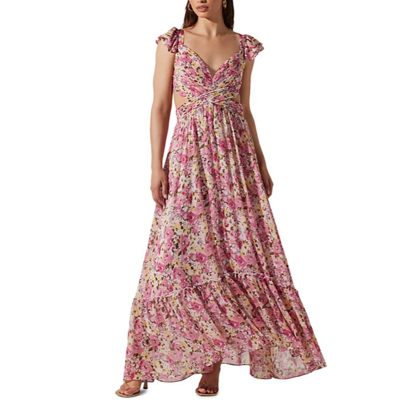 ASTR THE LABEL WOMENS LARGE FLORAL PRIMROSE STRAPPY MAXI DRESS PINK YELLOW NEW - Picture 1 of 14